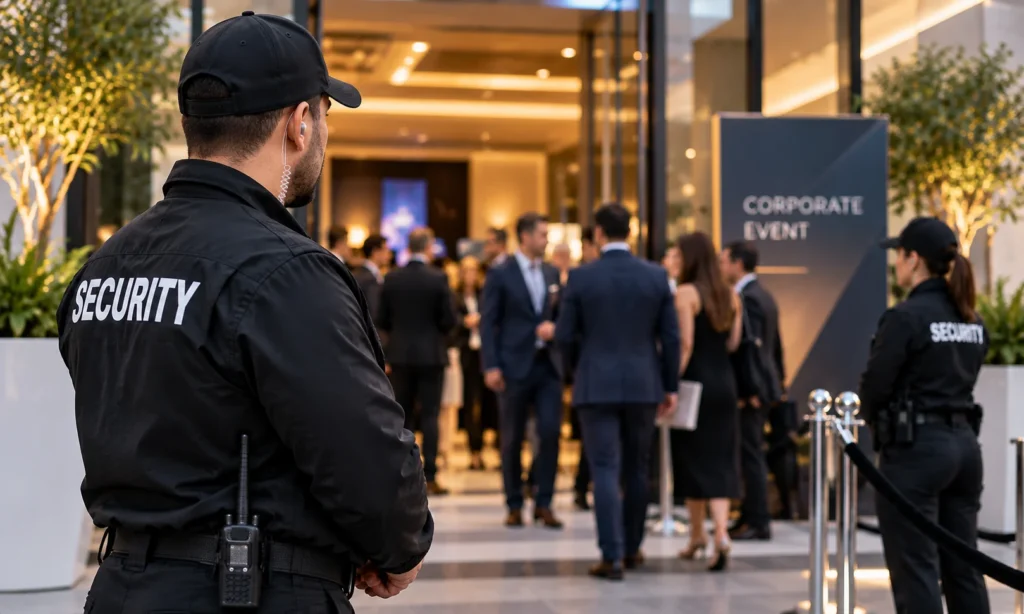 Security guards monitoring guests at a corporate event entrance.