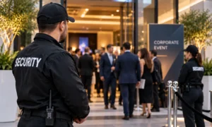 Security guards monitoring guests at a corporate event entrance.
