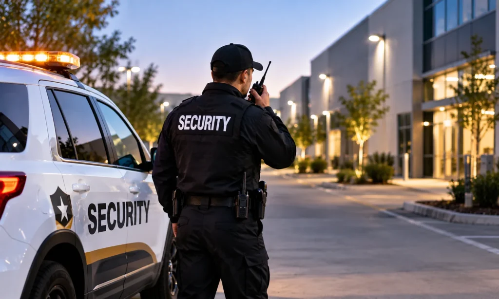 Security guard conducting a mobile patrol outside commercial buildings beside a marked security vehicle at dusk.