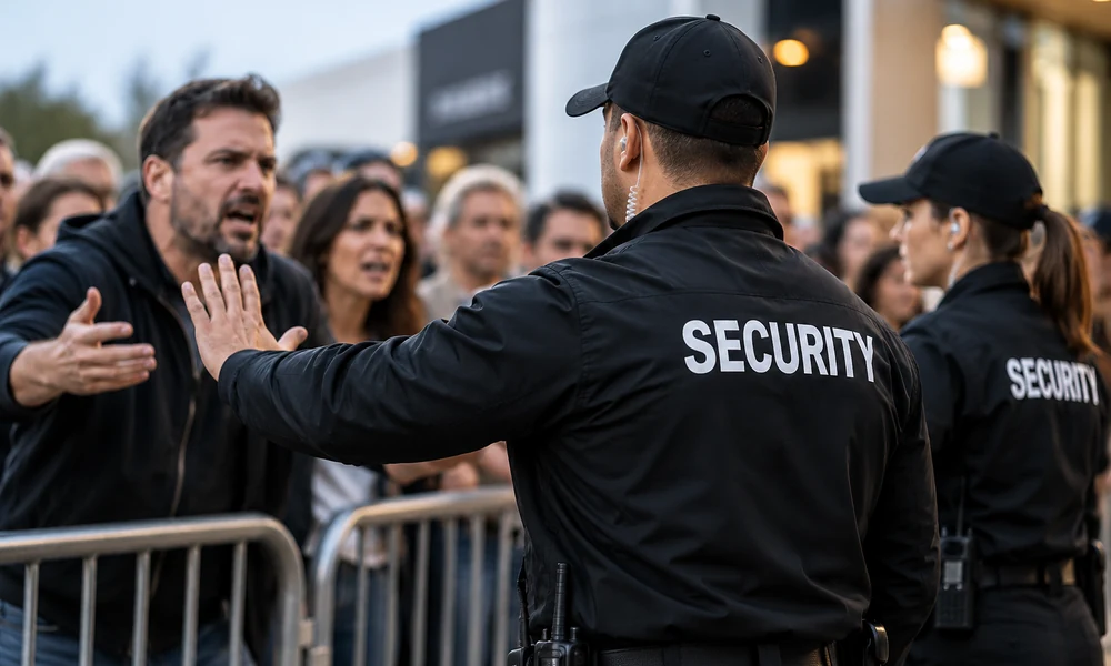 Security guards managing an aggressive crowd outside an event venue